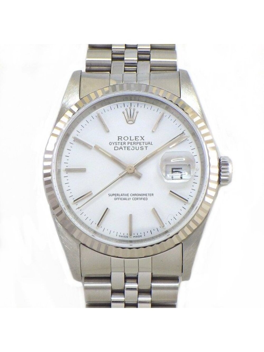Rolex Watch Datejust Date Luminous Index Hands White Dial Fluted Bezel Jubilee